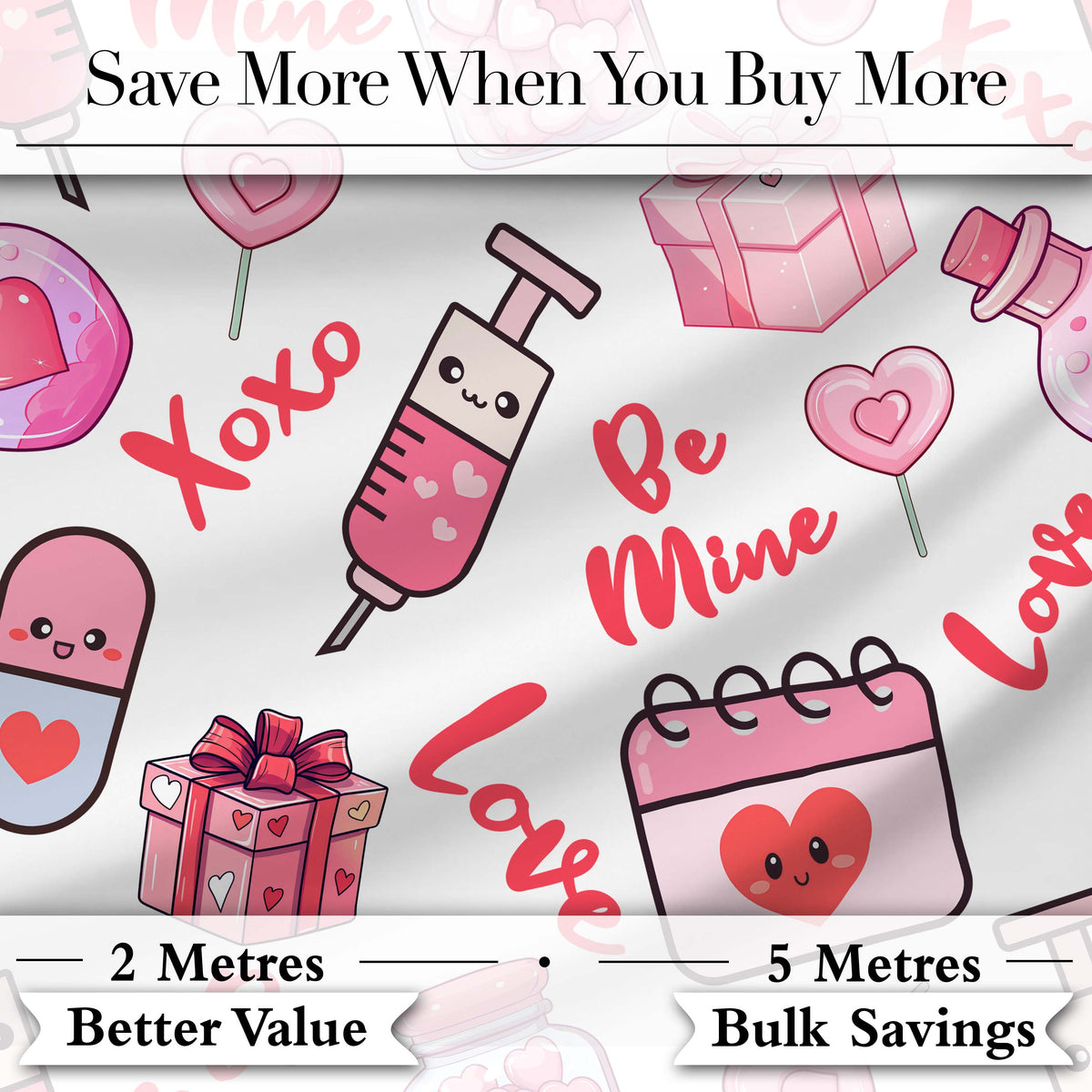 Cute Kawaii Valentine Love Hearts Gifts Seamless Pattern White Background Digital Print Fabric by the Metre UK Sewing Quilting Textile