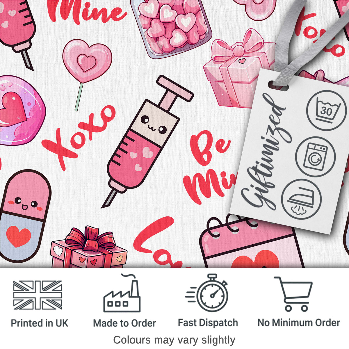 Cute Kawaii Valentine Love Hearts Gifts Seamless Pattern White Background Digital Print Fabric by the Metre UK Sewing Quilting Textile