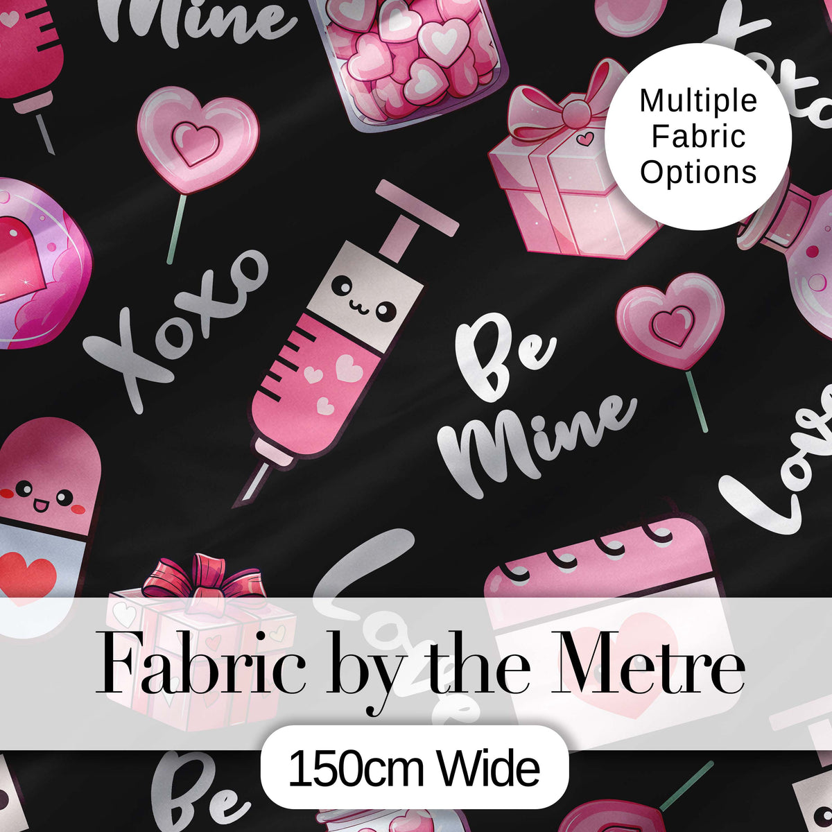 Cute Kawaii Valentine Love Hearts Syringe Gift Calendar   Black Background Digital Print Fabric by the Metre UK Sewing Quilting Textile