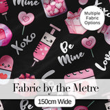 Cute Kawaii Valentine Love Hearts Syringe Gift Calendar   Black Background Digital Print Fabric by the Metre UK Sewing Quilting Textile
