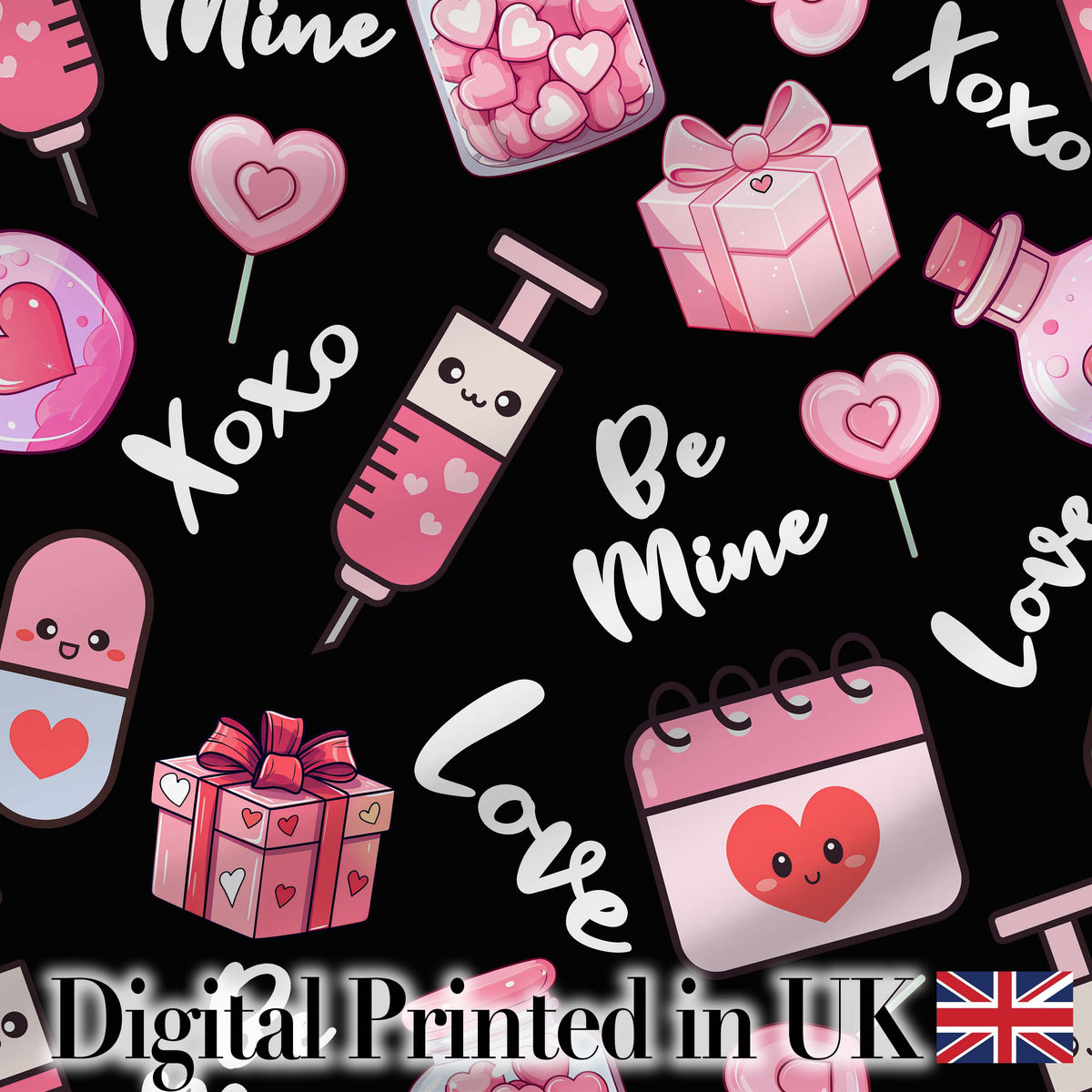 Cute Kawaii Valentine Love Hearts Syringe Gift Calendar   Black Background Digital Print Fabric by the Metre UK Sewing Quilting Textile
