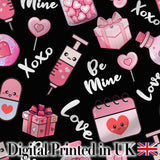 Cute Kawaii Valentine Love Hearts Syringe Gift Calendar   Black Background Digital Print Fabric by the Metre UK Sewing Quilting Textile