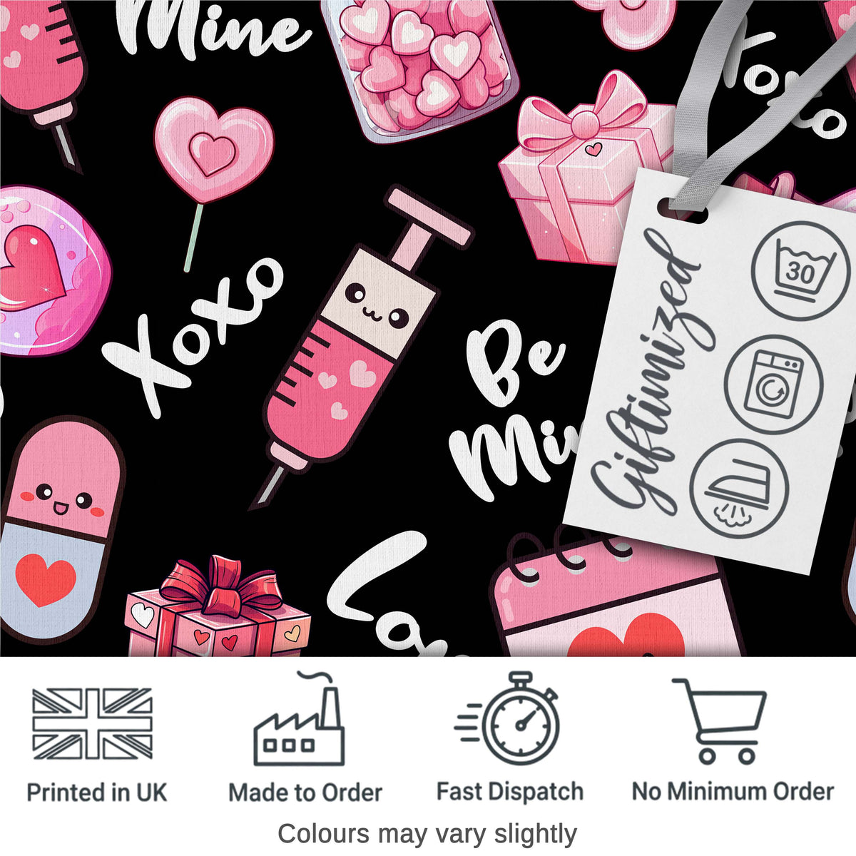 Cute Kawaii Valentine Love Hearts Syringe Gift Calendar   Black Background Digital Print Fabric by the Metre UK Sewing Quilting Textile
