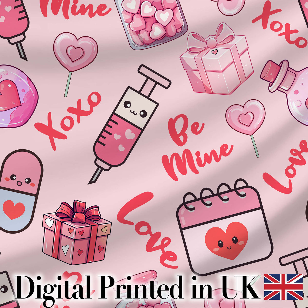Cute Kawaii Valentine Love Hearts Syringe Gift Calendar   Beige Background Digital Print Fabric by the Metre UK Sewing Quilting Textile