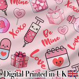 Cute Kawaii Valentine Love Hearts Syringe Gift Calendar   Beige Background Digital Print Fabric by the Metre UK Sewing Quilting Textile