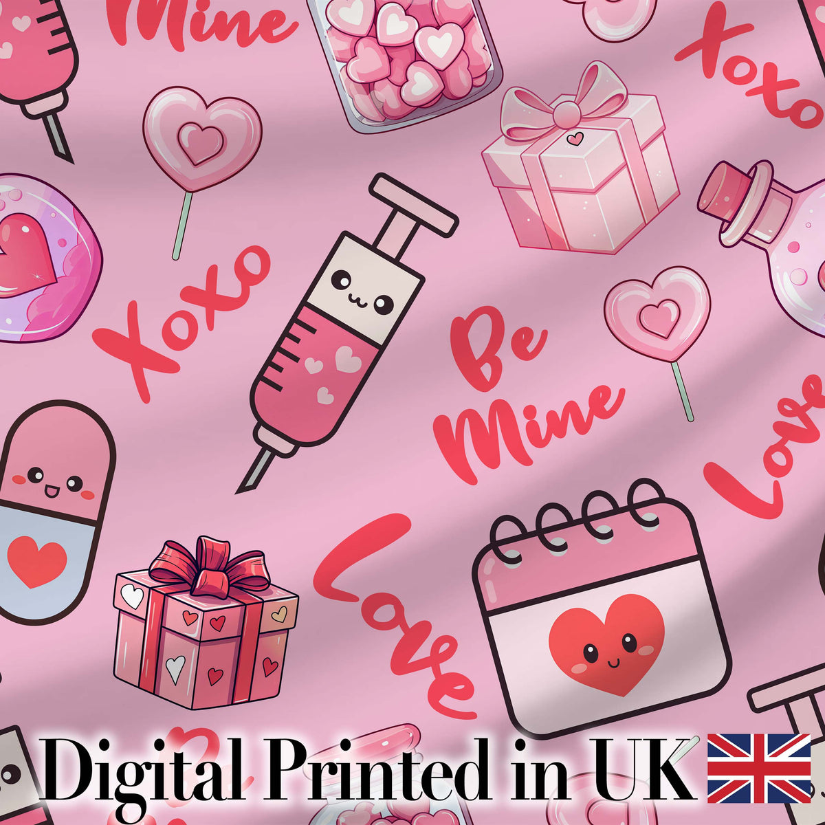 Cute Kawaii Valentine Love Hearts Syringe Gift Calendar   Blush Pink Background Digital Print Fabric by the Metre UK Sewing Quilting Textile