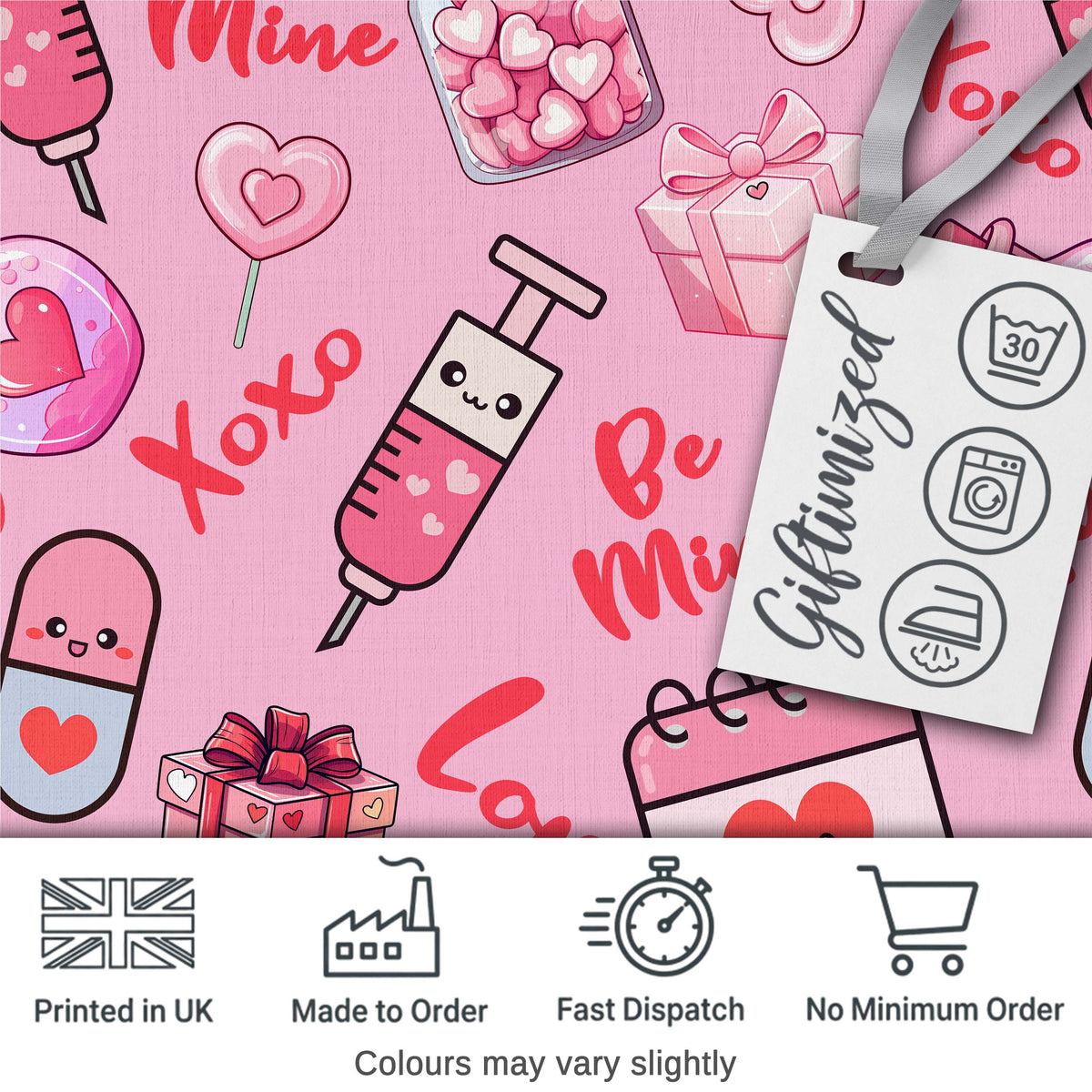 Cute Kawaii Valentine Love Hearts Syringe Gift Calendar   Blush Pink Background Digital Print Fabric by the Metre UK Sewing Quilting Textile
