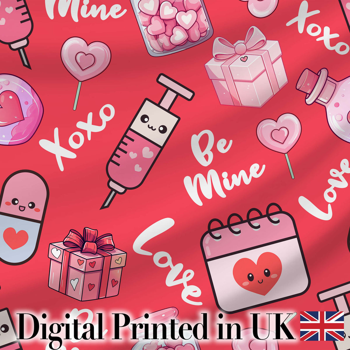 Cute Kawaii Valentine Love Hearts Syringe Gift Calendar  Pattern Red Background Digital Print Fabric by the Metre UK Sewing Quilting Textile