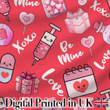 Cute Kawaii Valentine Love Hearts Syringe Gift Calendar  Pattern Red Background Digital Print Fabric by the Metre UK Sewing Quilting Textile