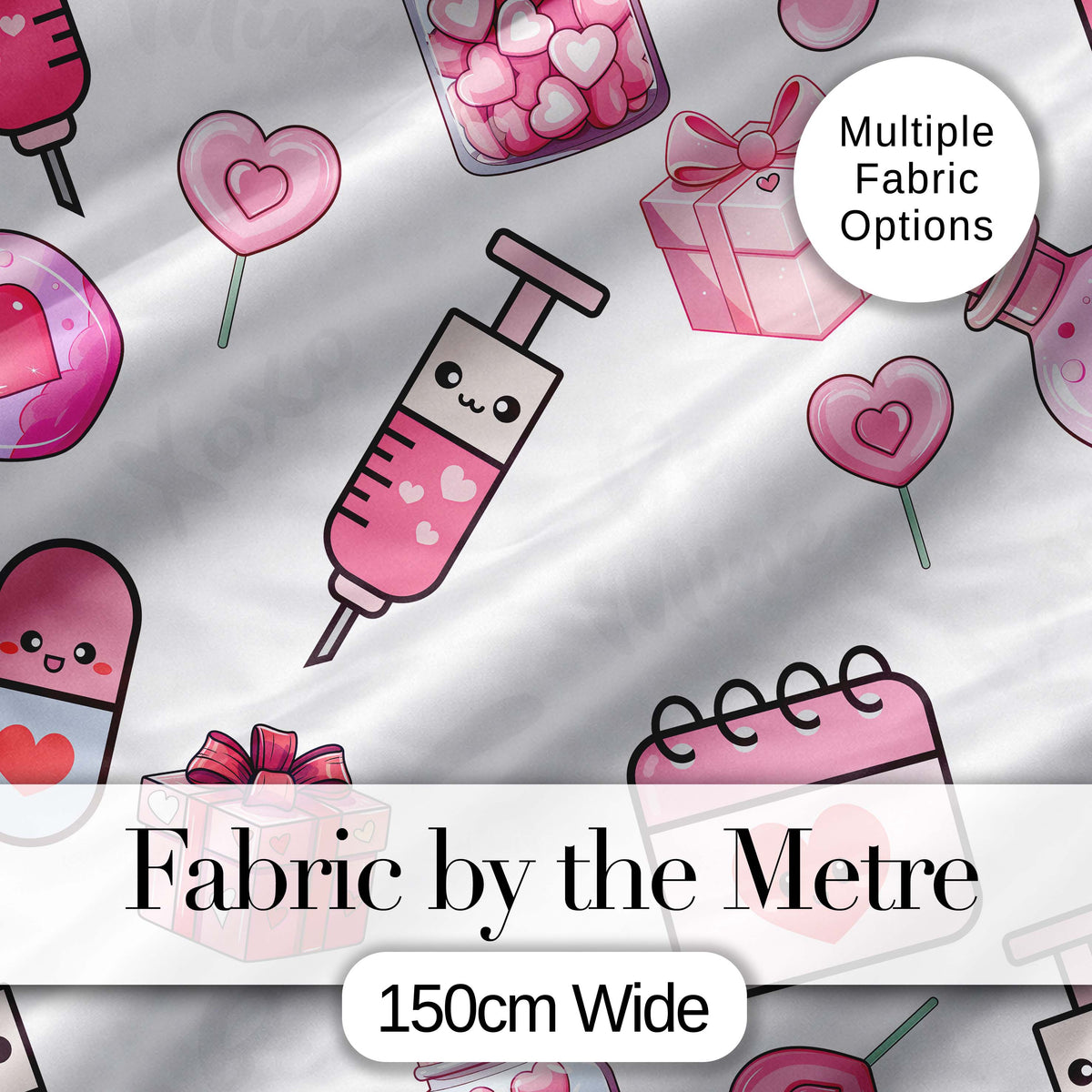 Cute Kawaii Valentine Love Hearts Syringe Gift Calendar   Light Grey Background Digital Print Fabric by the Metre UK Sewing Quilting Textile