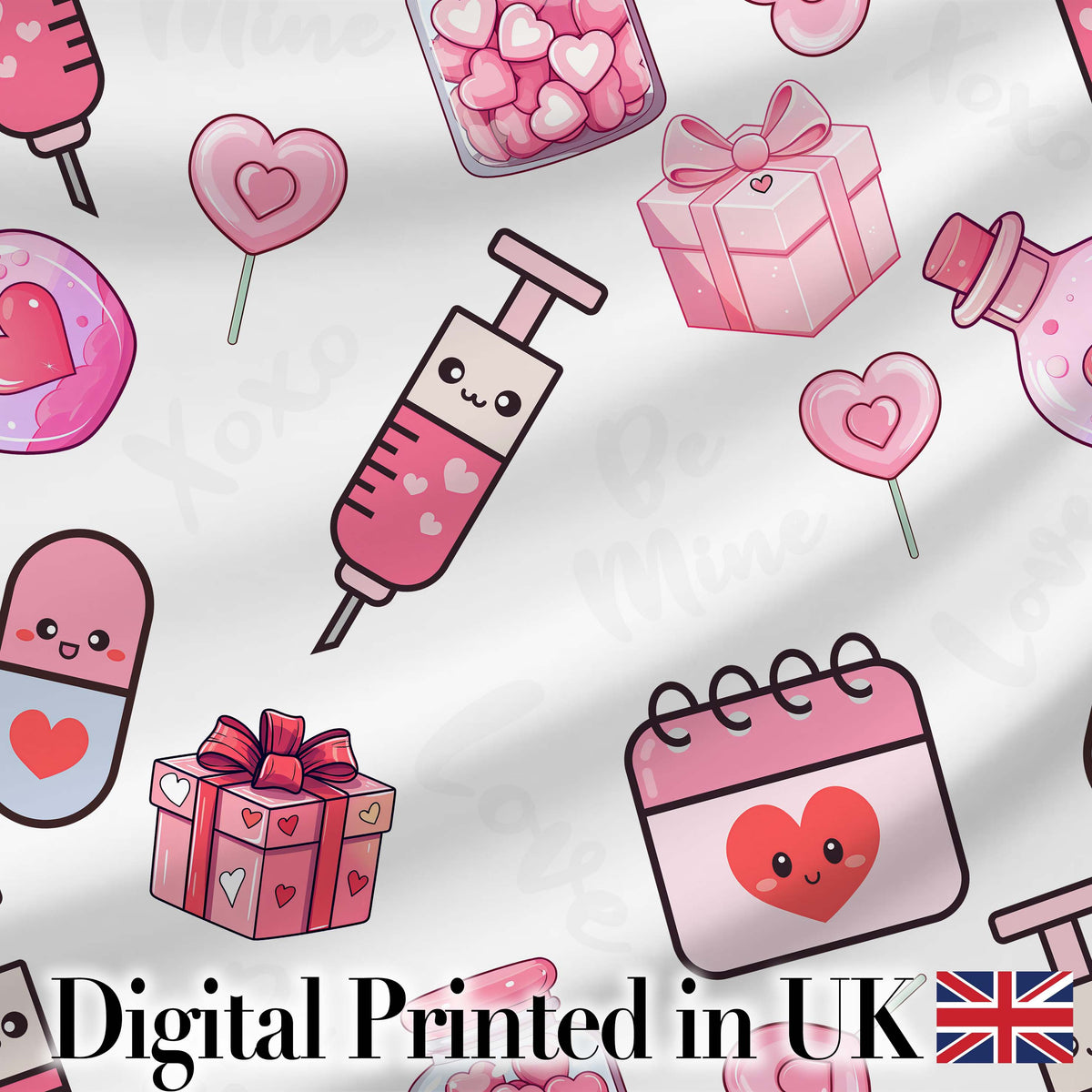 Cute Kawaii Valentine Love Hearts Syringe Gift Calendar   Light Grey Background Digital Print Fabric by the Metre UK Sewing Quilting Textile