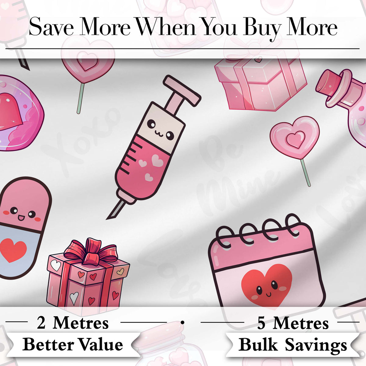 Cute Kawaii Valentine Love Hearts Syringe Gift Calendar   Light Grey Background Digital Print Fabric by the Metre UK Sewing Quilting Textile