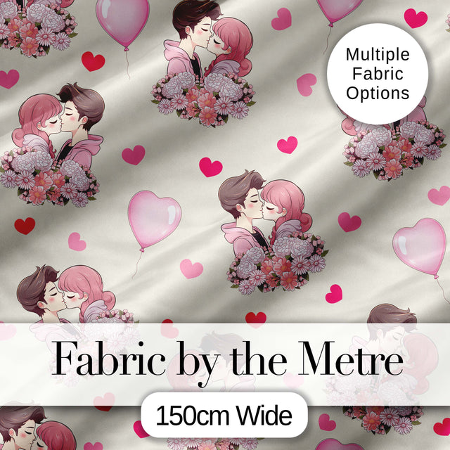 Romantic Couple Kissing Floral Bouquet Hearts Seamless Pattern Beige Background Digital Print Fabric by the Metre UK Sewing Quilting Textile