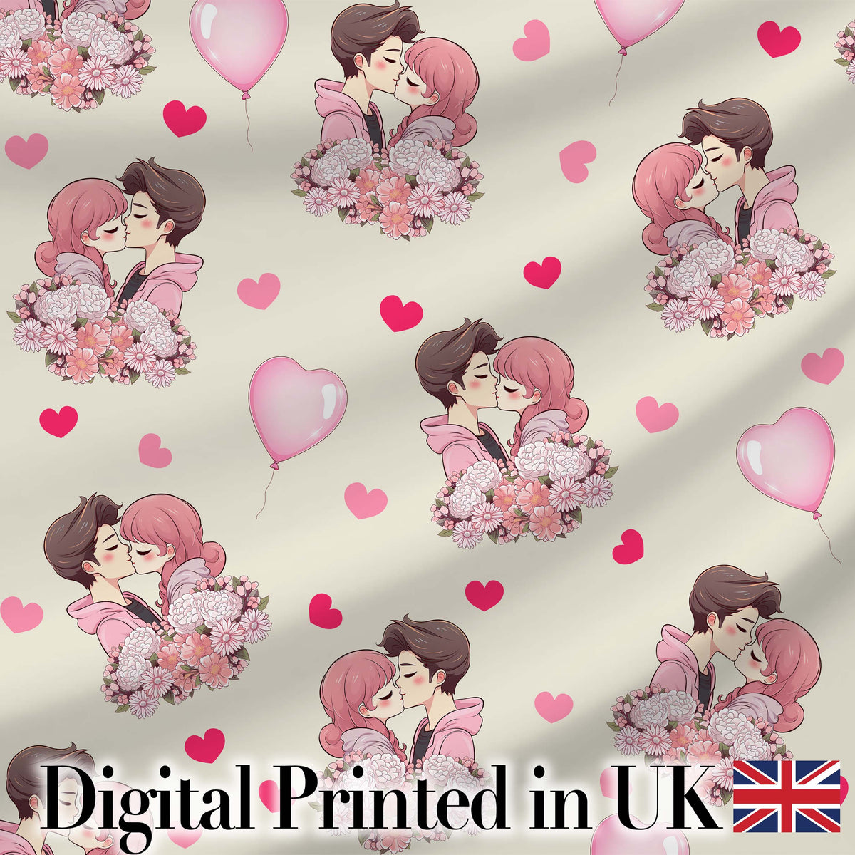 Romantic Couple Kissing Floral Bouquet Hearts Seamless Pattern Beige Background Digital Print Fabric by the Metre UK Sewing Quilting Textile