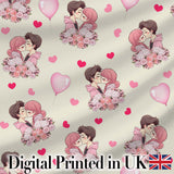 Romantic Couple Kissing Floral Bouquet Hearts Seamless Pattern Beige Background Digital Print Fabric by the Metre UK Sewing Quilting Textile