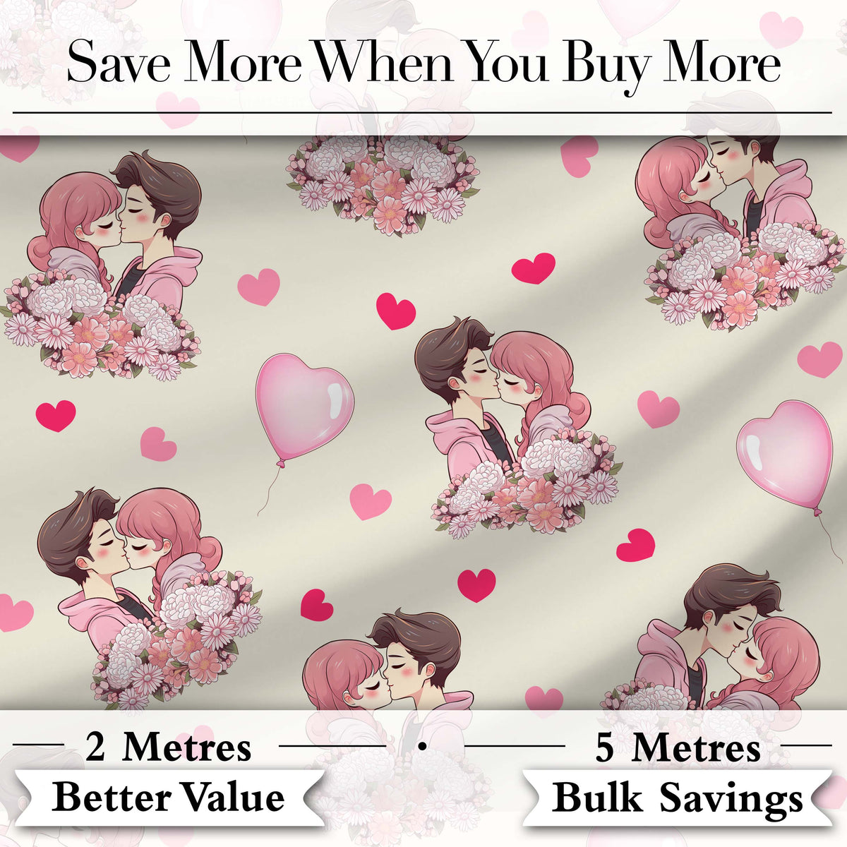 Romantic Couple Kissing Floral Bouquet Hearts Seamless Pattern Beige Background Digital Print Fabric by the Metre UK Sewing Quilting Textile