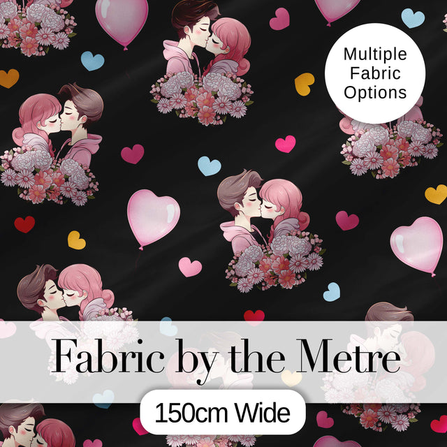 Romantic Couple Kissing Floral Bouquet Hearts Seamless Pattern Black Background Digital Print Fabric by the Metre UK Sewing Quilting Textile