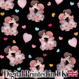 Romantic Couple Kissing Floral Bouquet Hearts Seamless Pattern Black Background Digital Print Fabric by the Metre UK Sewing Quilting Textile