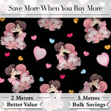 Romantic Couple Kissing Floral Bouquet Hearts Seamless Pattern Black Background Digital Print Fabric by the Metre UK Sewing Quilting Textile