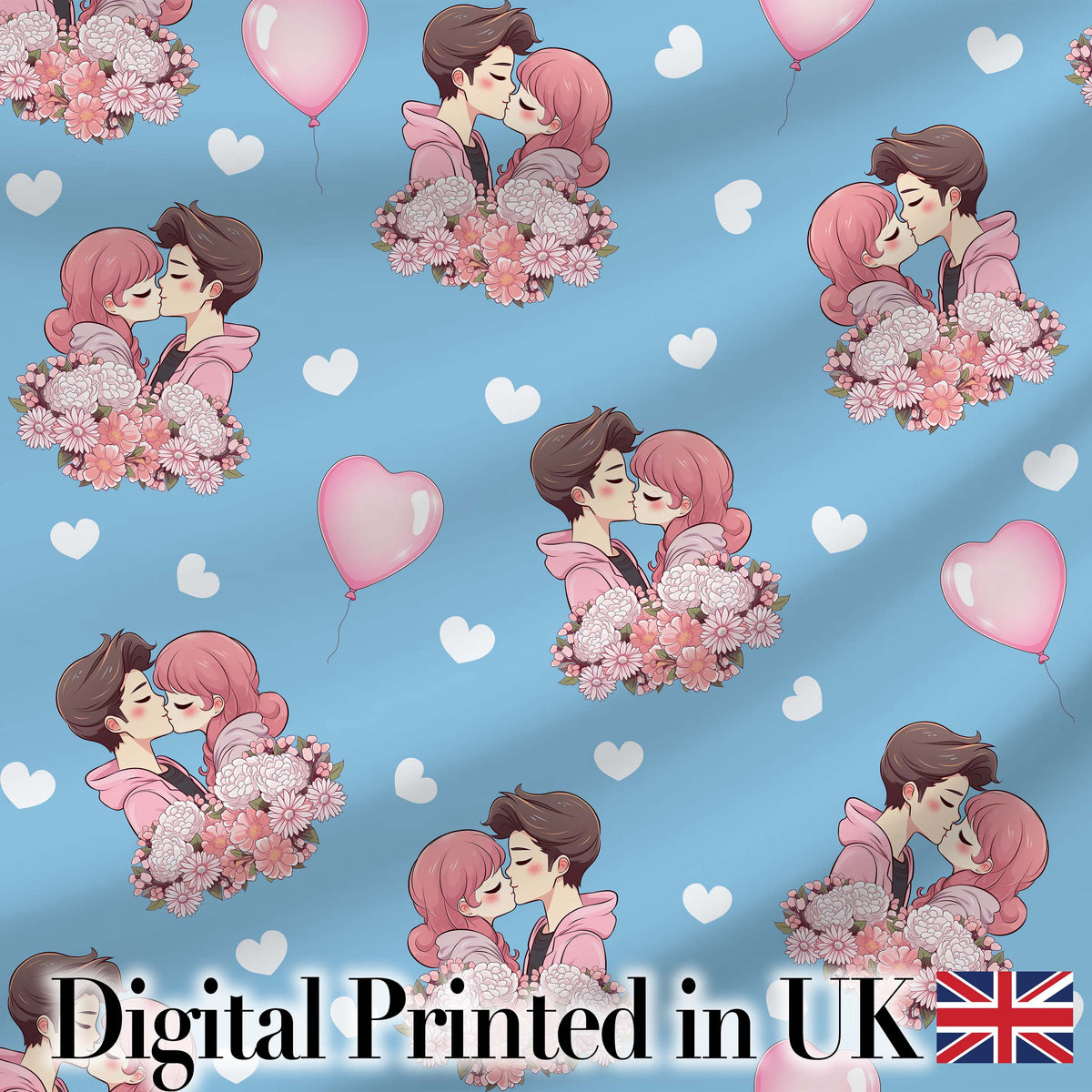 Romantic Couple Kissing Floral Bouquet Hearts Seamless Pattern Blue Background Digital Print Fabric by the Metre UK Sewing Quilting Textile