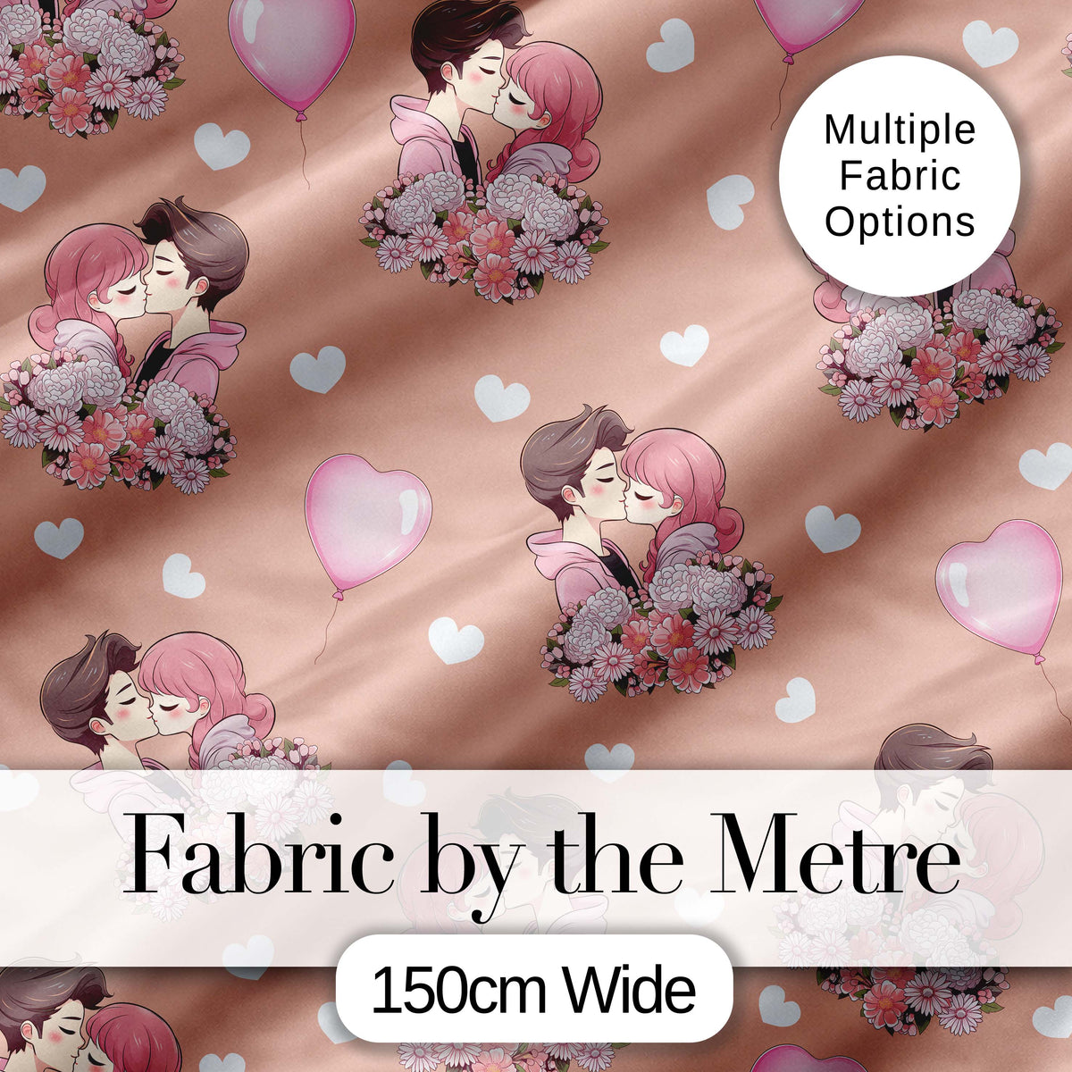 Romantic Couple Kissing Floral Bouquet Hearts Seamless Pattern Peach Background Digital Print Fabric by the Metre UK Sewing Quilting Textile