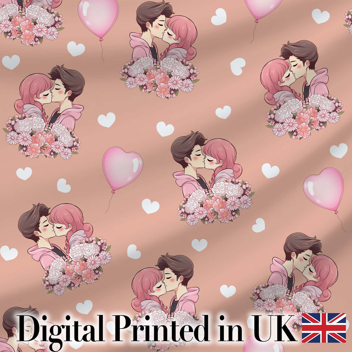 Romantic Couple Kissing Floral Bouquet Hearts Seamless Pattern Peach Background Digital Print Fabric by the Metre UK Sewing Quilting Textile