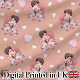 Romantic Couple Kissing Floral Bouquet Hearts Seamless Pattern Peach Background Digital Print Fabric by the Metre UK Sewing Quilting Textile