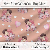 Romantic Couple Kissing Floral Bouquet Hearts Seamless Pattern Peach Background Digital Print Fabric by the Metre UK Sewing Quilting Textile