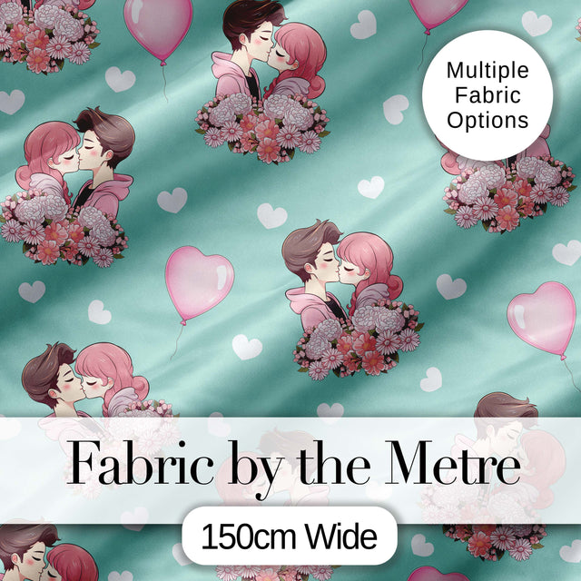 Romantic Couple Kissing Floral Bouquet Hearts  Pattern Mint Green Background Digital Print Fabric by the Metre UK Sewing Quilting Textile