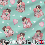 Romantic Couple Kissing Floral Bouquet Hearts  Pattern Mint Green Background Digital Print Fabric by the Metre UK Sewing Quilting Textile
