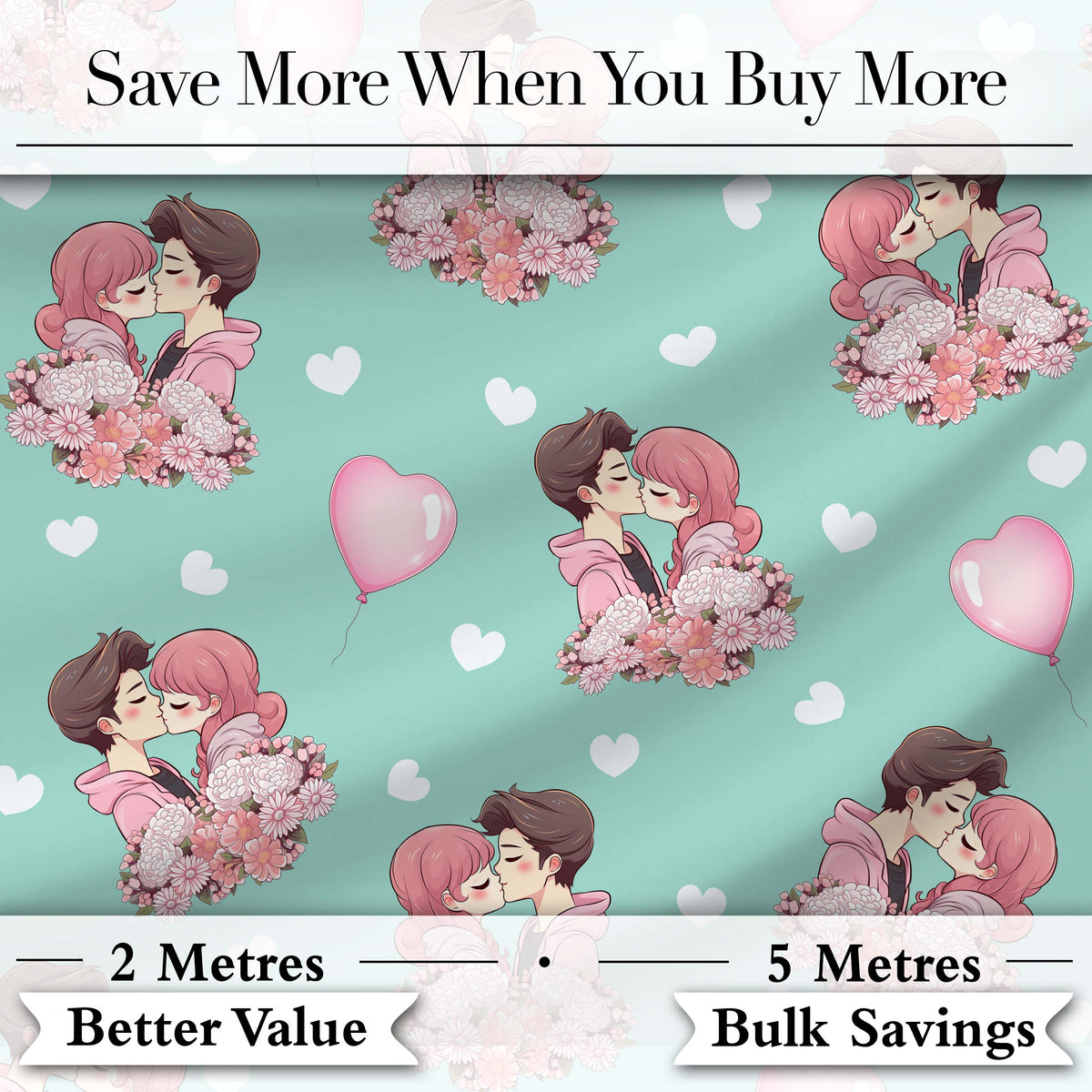 Romantic Couple Kissing Floral Bouquet Hearts  Pattern Mint Green Background Digital Print Fabric by the Metre UK Sewing Quilting Textile