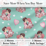 Romantic Couple Kissing Floral Bouquet Hearts  Pattern Mint Green Background Digital Print Fabric by the Metre UK Sewing Quilting Textile