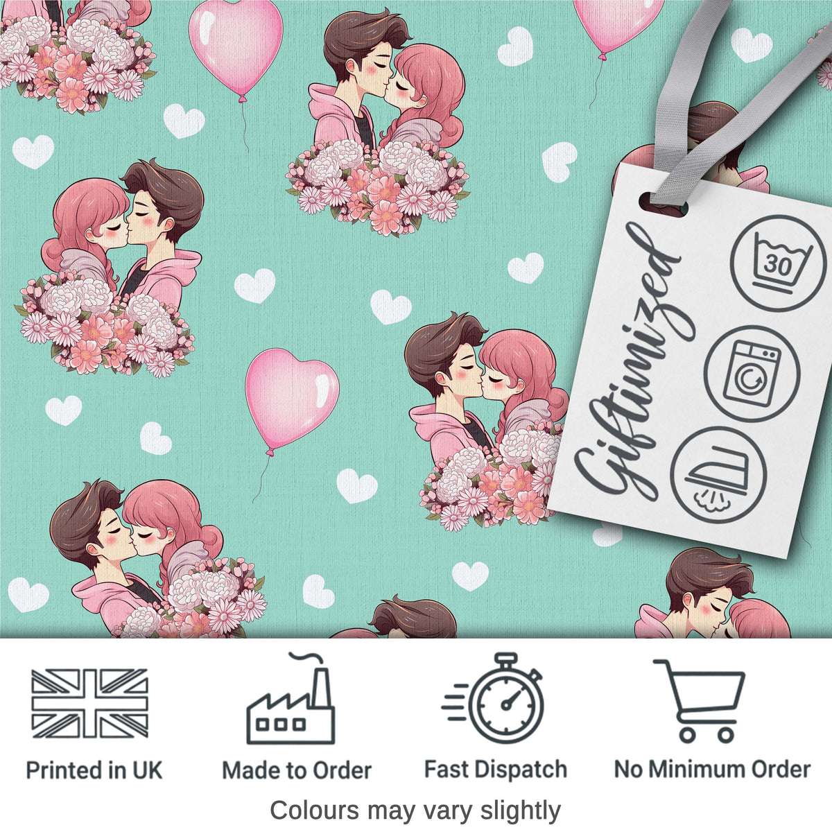 Romantic Couple Kissing Floral Bouquet Hearts  Pattern Mint Green Background Digital Print Fabric by the Metre UK Sewing Quilting Textile