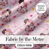 Romantic Couple Kissing Floral Bouquet Hearts  Pattern Pink Hearts Background Digital Print Fabric by the Metre UK Sewing Quilting Textile