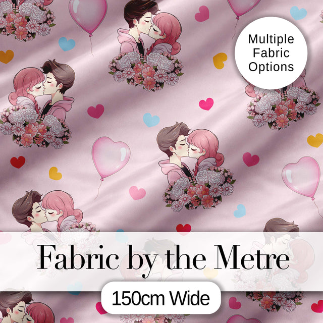 Romantic Couple Kissing Floral Bouquet Hearts  Pattern Pink Hearts Background Digital Print Fabric by the Metre UK Sewing Quilting Textile