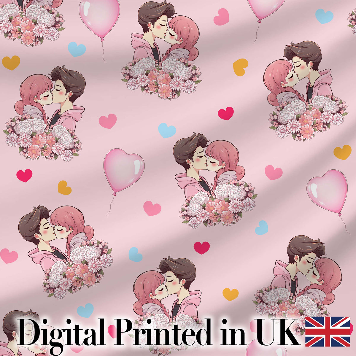 Romantic Couple Kissing Floral Bouquet Hearts  Pattern Pink Hearts Background Digital Print Fabric by the Metre UK Sewing Quilting Textile