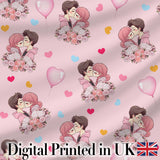 Romantic Couple Kissing Floral Bouquet Hearts  Pattern Pink Hearts Background Digital Print Fabric by the Metre UK Sewing Quilting Textile