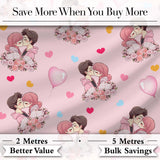 Romantic Couple Kissing Floral Bouquet Hearts  Pattern Pink Hearts Background Digital Print Fabric by the Metre UK Sewing Quilting Textile