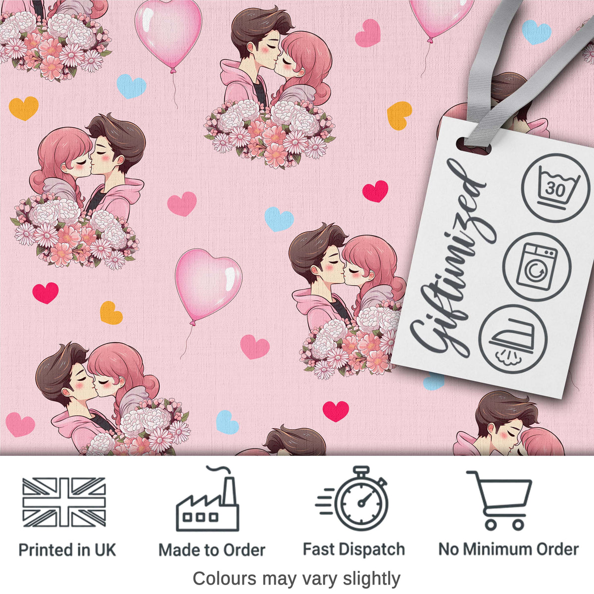 Romantic Couple Kissing Floral Bouquet Hearts  Pattern Pink Hearts Background Digital Print Fabric by the Metre UK Sewing Quilting Textile
