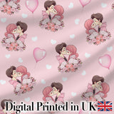 Romantic Couple Kissing Floral Bouquet Hearts  Pattern Soft Pink Background Digital Print Fabric by the Metre UK Sewing Quilting Textile