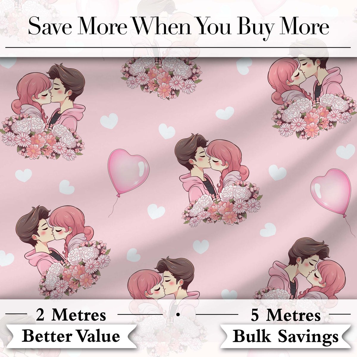 Romantic Couple Kissing Floral Bouquet Hearts  Pattern Soft Pink Background Digital Print Fabric by the Metre UK Sewing Quilting Textile