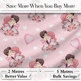 Romantic Couple Kissing Floral Bouquet Hearts  Pattern Soft Pink Background Digital Print Fabric by the Metre UK Sewing Quilting Textile