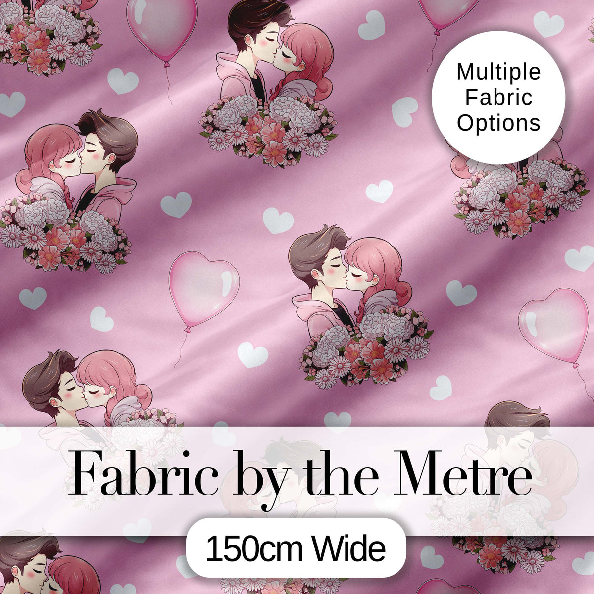 Romantic Couple Kissing Floral Bouquet Hearts  Pattern Light Pink Background Digital Print Fabric by the Metre UK Sewing Quilting Textile