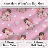 Romantic Couple Kissing Floral Bouquet Hearts  Pattern Light Pink Background Digital Print Fabric by the Metre UK Sewing Quilting Textile