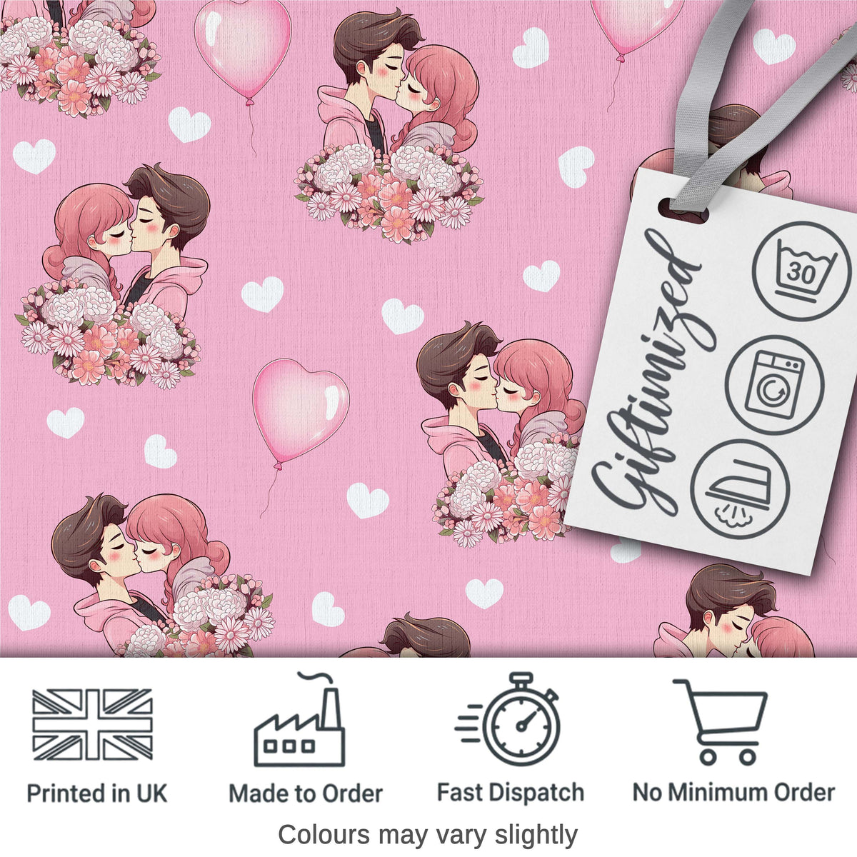 Romantic Couple Kissing Floral Bouquet Hearts  Pattern Light Pink Background Digital Print Fabric by the Metre UK Sewing Quilting Textile