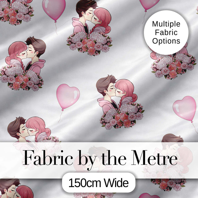 Romantic Couple Kissing Floral Bouquet Hearts Seamless Pattern White Background Digital Print Fabric by the Metre UK Sewing Quilting Textile