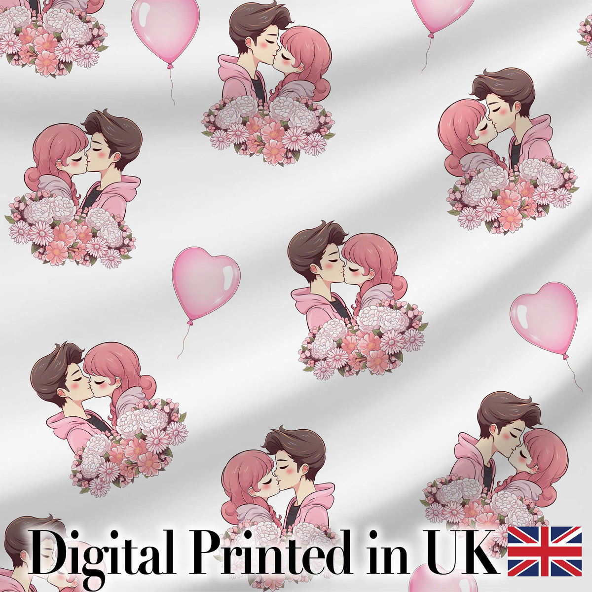 Romantic Couple Kissing Floral Bouquet Hearts Seamless Pattern White Background Digital Print Fabric by the Metre UK Sewing Quilting Textile