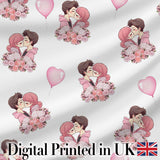 Romantic Couple Kissing Floral Bouquet Hearts Seamless Pattern White Background Digital Print Fabric by the Metre UK Sewing Quilting Textile
