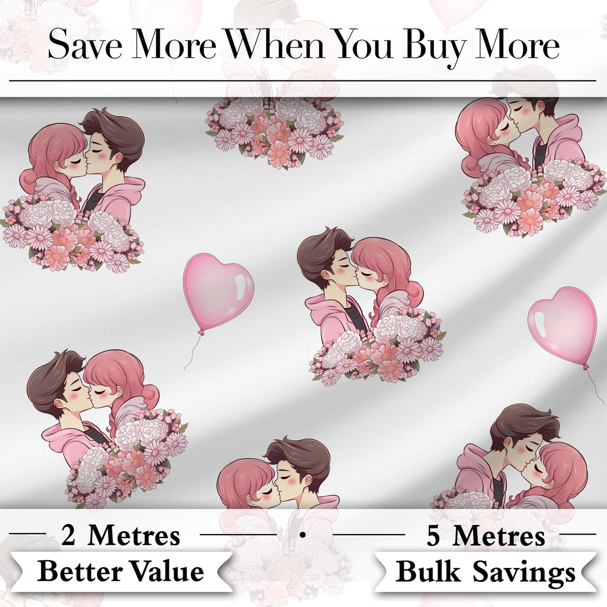 Romantic Couple Kissing Floral Bouquet Hearts Seamless Pattern White Background Digital Print Fabric by the Metre UK Sewing Quilting Textile