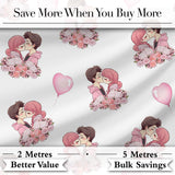 Romantic Couple Kissing Floral Bouquet Hearts Seamless Pattern White Background Digital Print Fabric by the Metre UK Sewing Quilting Textile